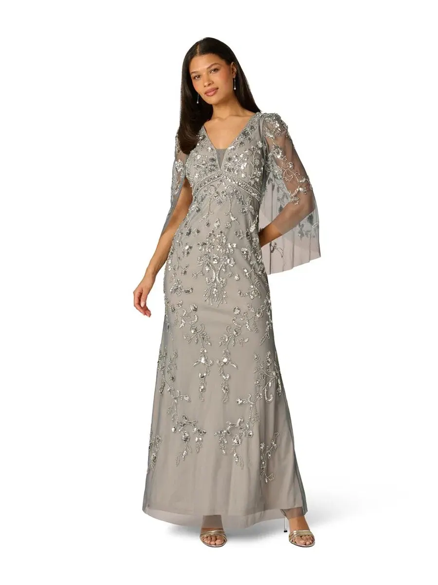 Вечернее платье с бисером и накидными рукавами, модель Cape-Sleeve Gown Adrianna Papell