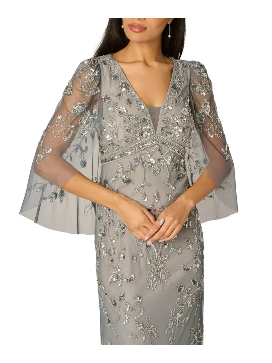 Вечернее платье с бисером и накидными рукавами, модель Cape-Sleeve Gown Adrianna Papell — изображение 2 из 4, серебристый