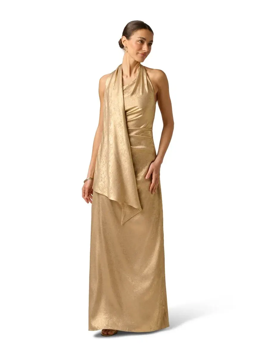 Вечернее платье с драпированным шарфом и плиссировкой, модель Foiled Draped Neck Scarf Pleated Ball