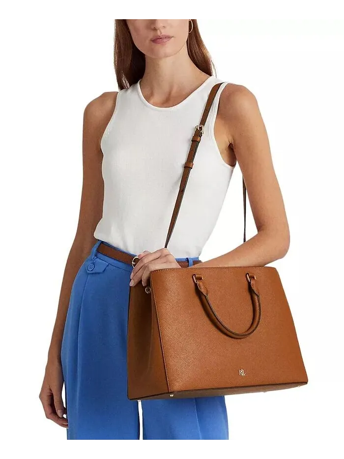 Большая кожаная сумка-портфель Hanna Crosshatch Lauren Ralph Lauren — изображение 2 из 5, бежевый