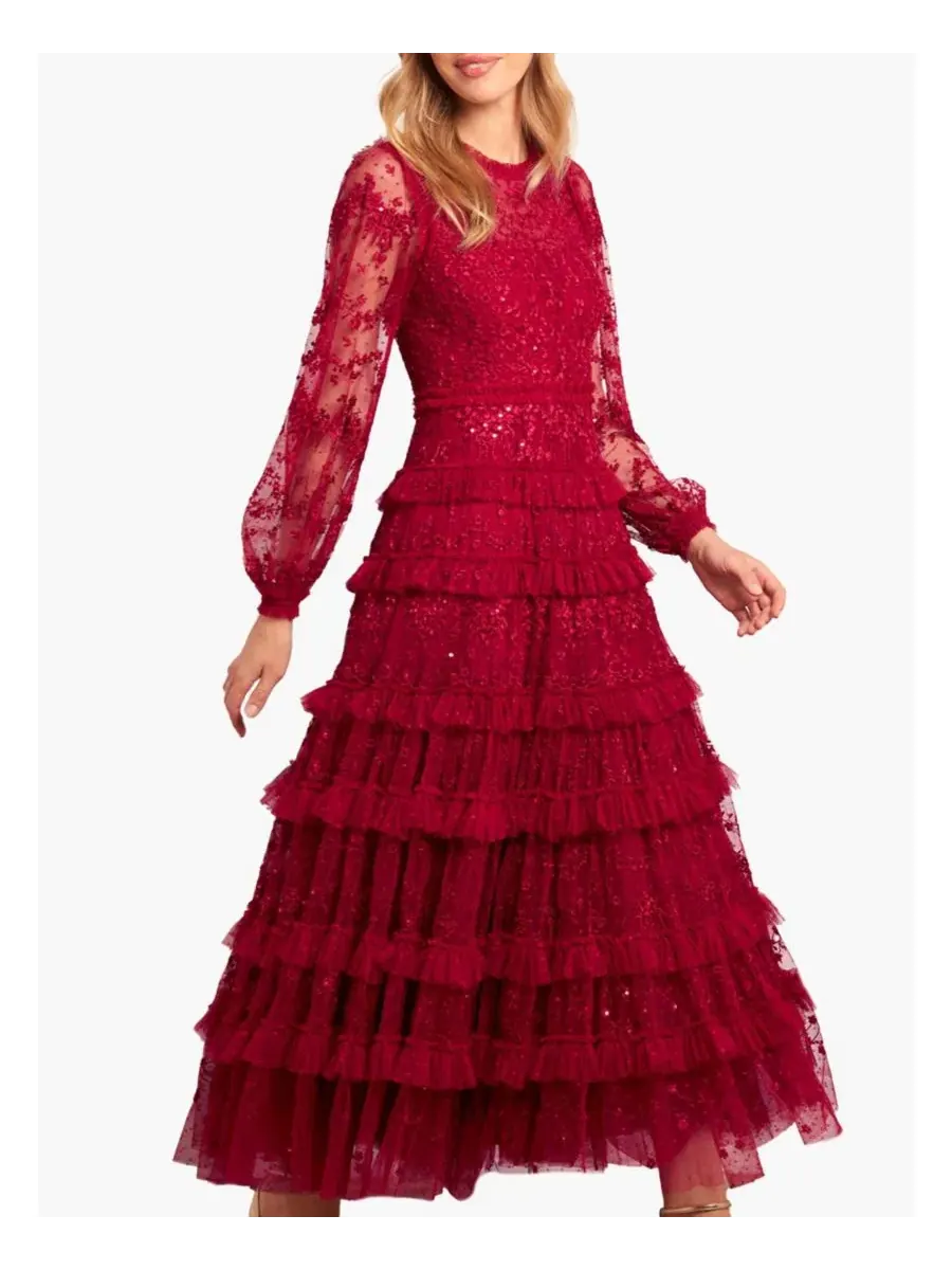 Платье вечернее длинное с кружевом Blossom Long Sleeve Lace Ankle Gown Needle & Thread