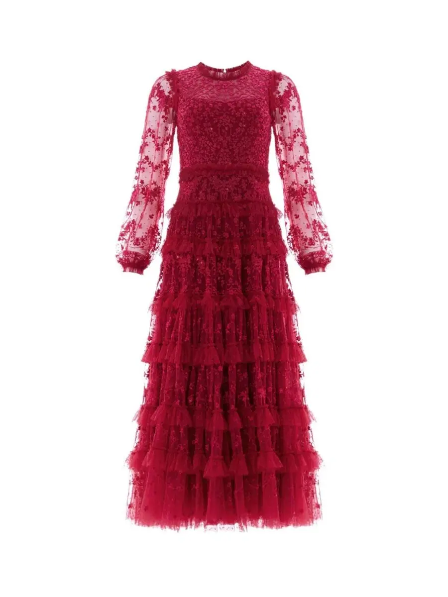 Платье вечернее длинное с кружевом Blossom Long Sleeve Lace Ankle Gown Needle & Thread — изображение 2 из 3, красный