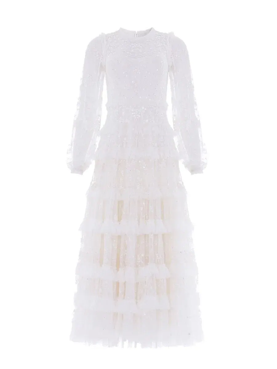 Платье Blossom Long Sleeve Lace Ankle Gown Needle & Thread — изображение 2 из 4, белый