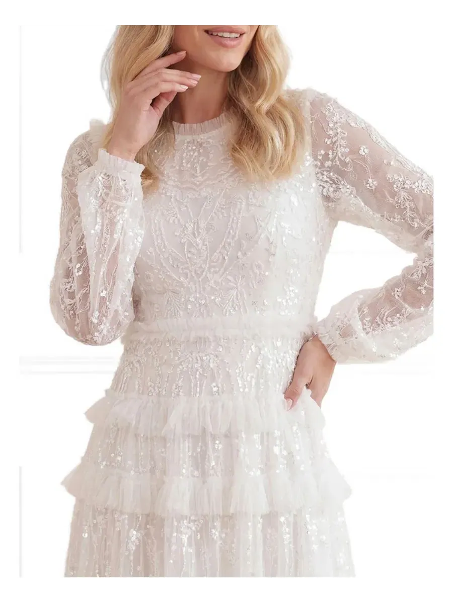 Платье Blossom Long Sleeve Lace Ankle Gown Needle & Thread — изображение 3 из 4, белый