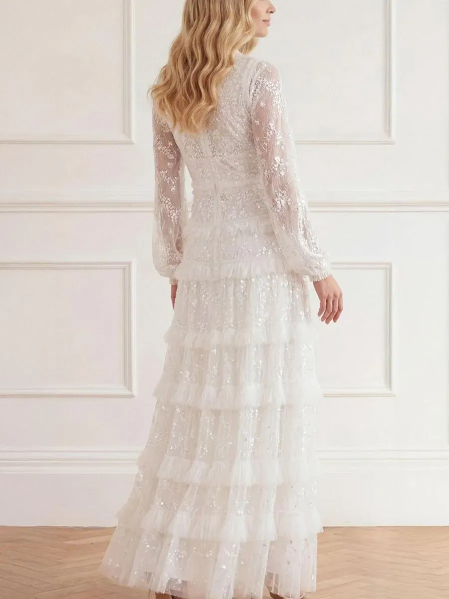Платье Blossom Long Sleeve Lace Ankle Gown Needle & Thread — изображение 4 из 4, белый