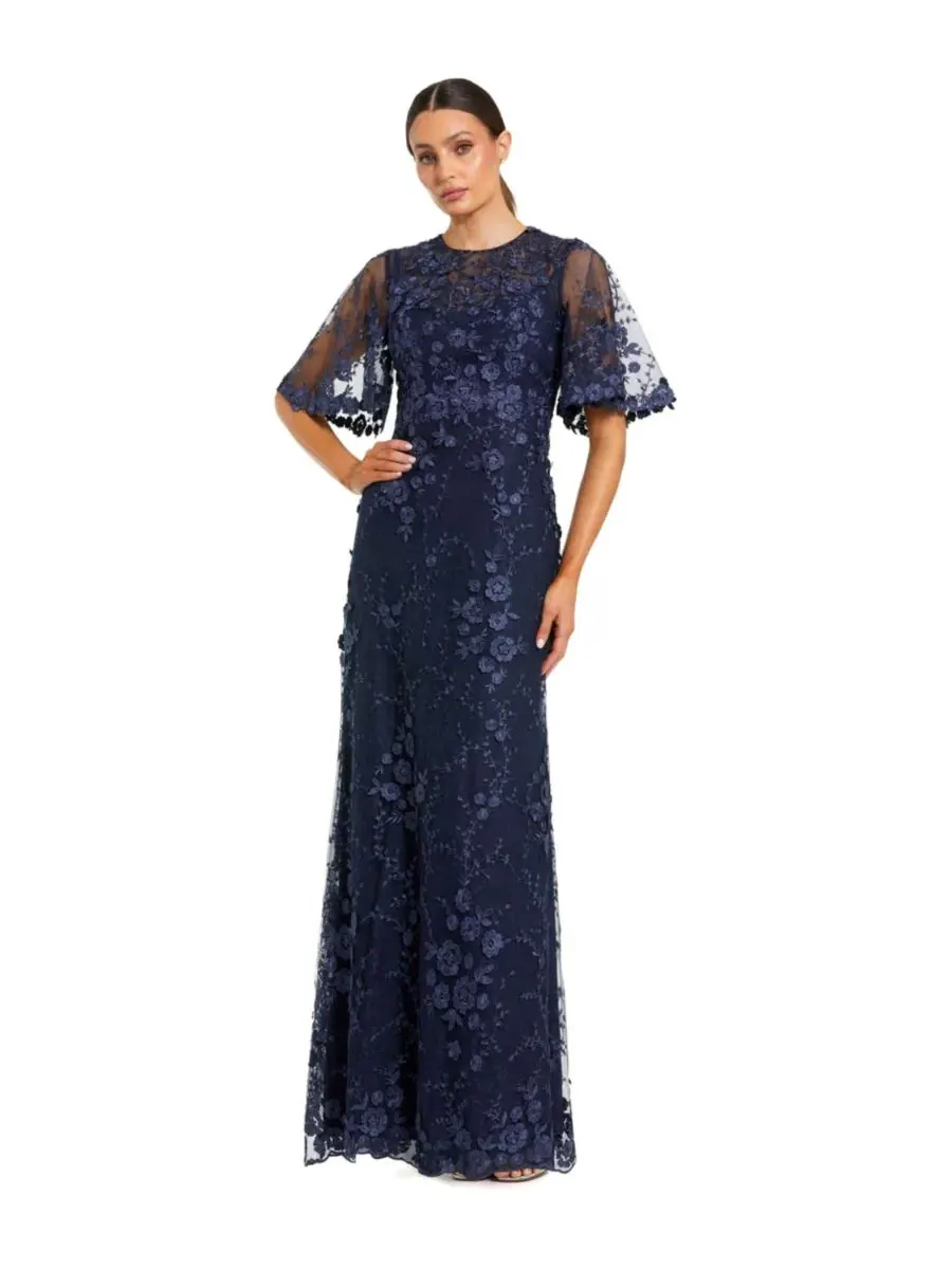 Вечернее платье с вышивкой Petite Flutter Sleeve Floral Embroidered Net Gown Mac Duggal