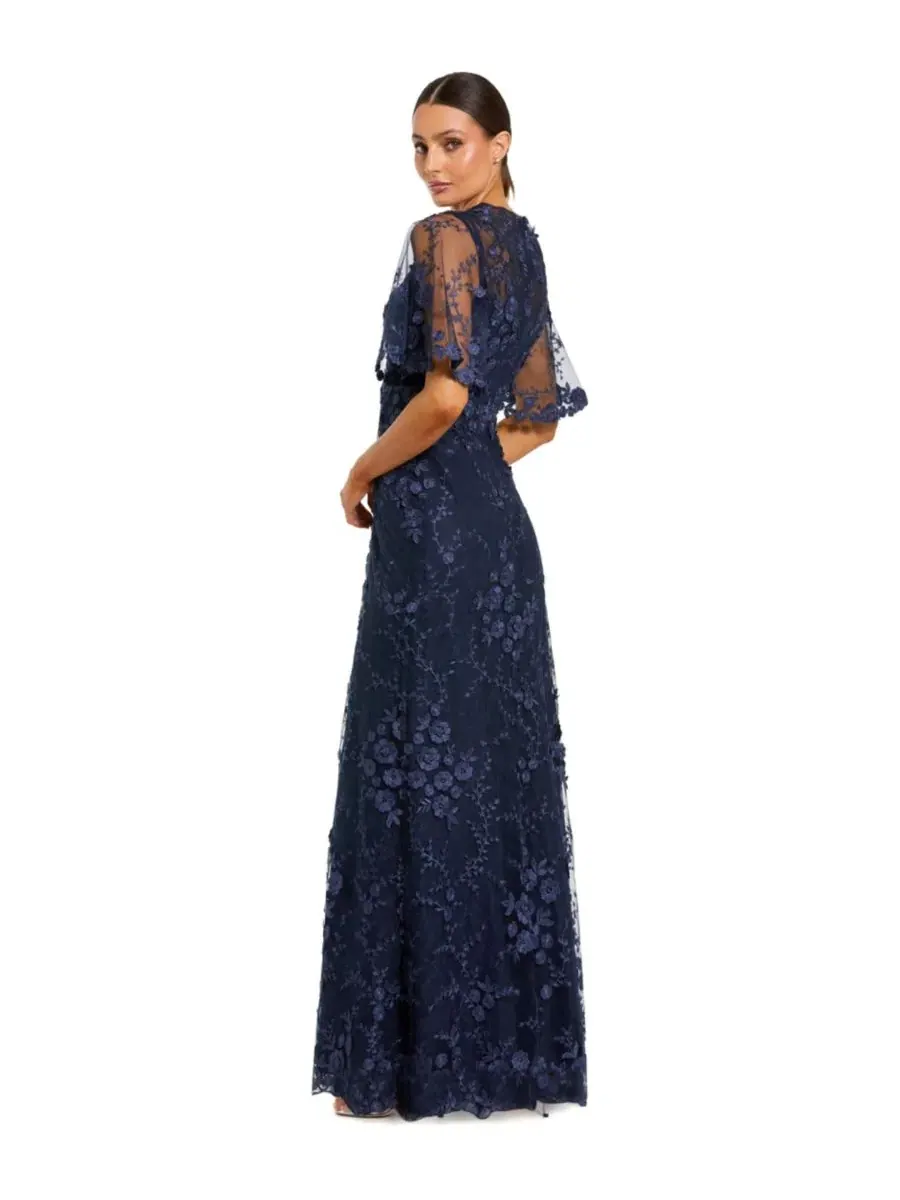Вечернее платье с вышивкой Petite Flutter Sleeve Floral Embroidered Net Gown Mac Duggal — изображение 2 из 3, синий