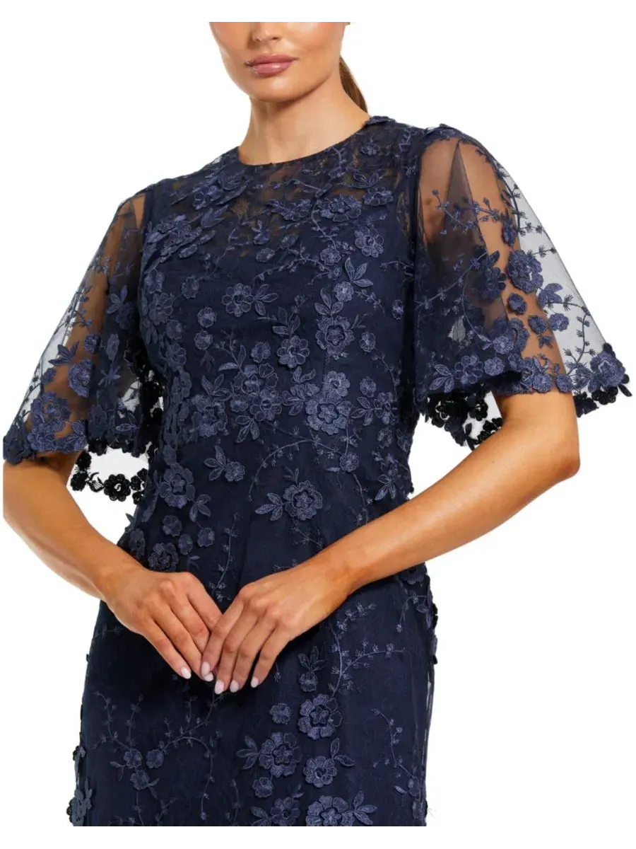 Вечернее платье с вышивкой Petite Flutter Sleeve Floral Embroidered Net Gown Mac Duggal — изображение 3 из 3, синий
