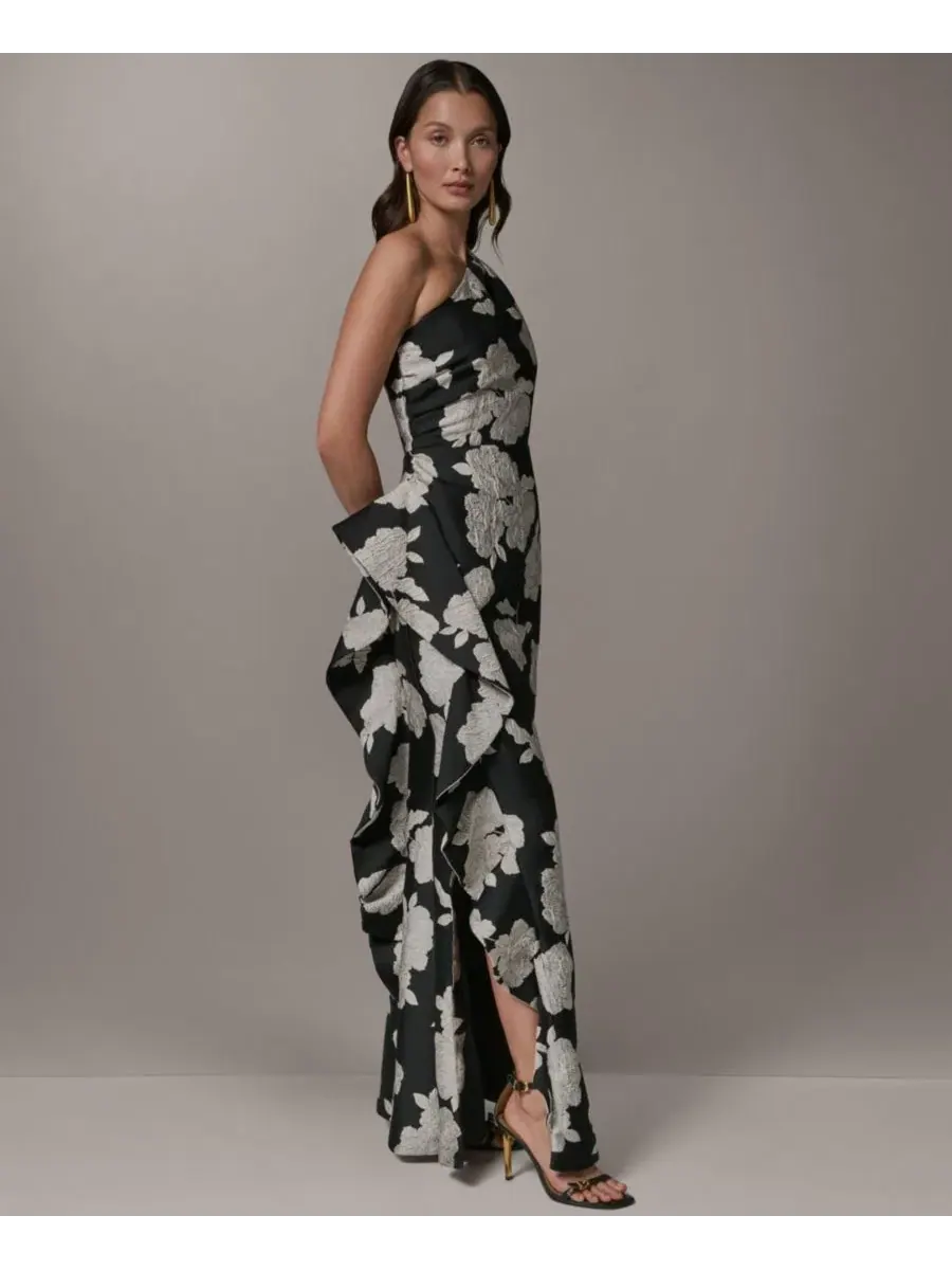 Вечернее платье с одним рукавом, с рюшами и разрезом Donna Karan New York — изображение 2 из 6, черный кремовый