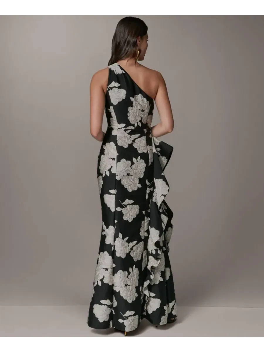 Вечернее платье с одним рукавом, с рюшами и разрезом Donna Karan New York — изображение 4 из 6, черный кремовый