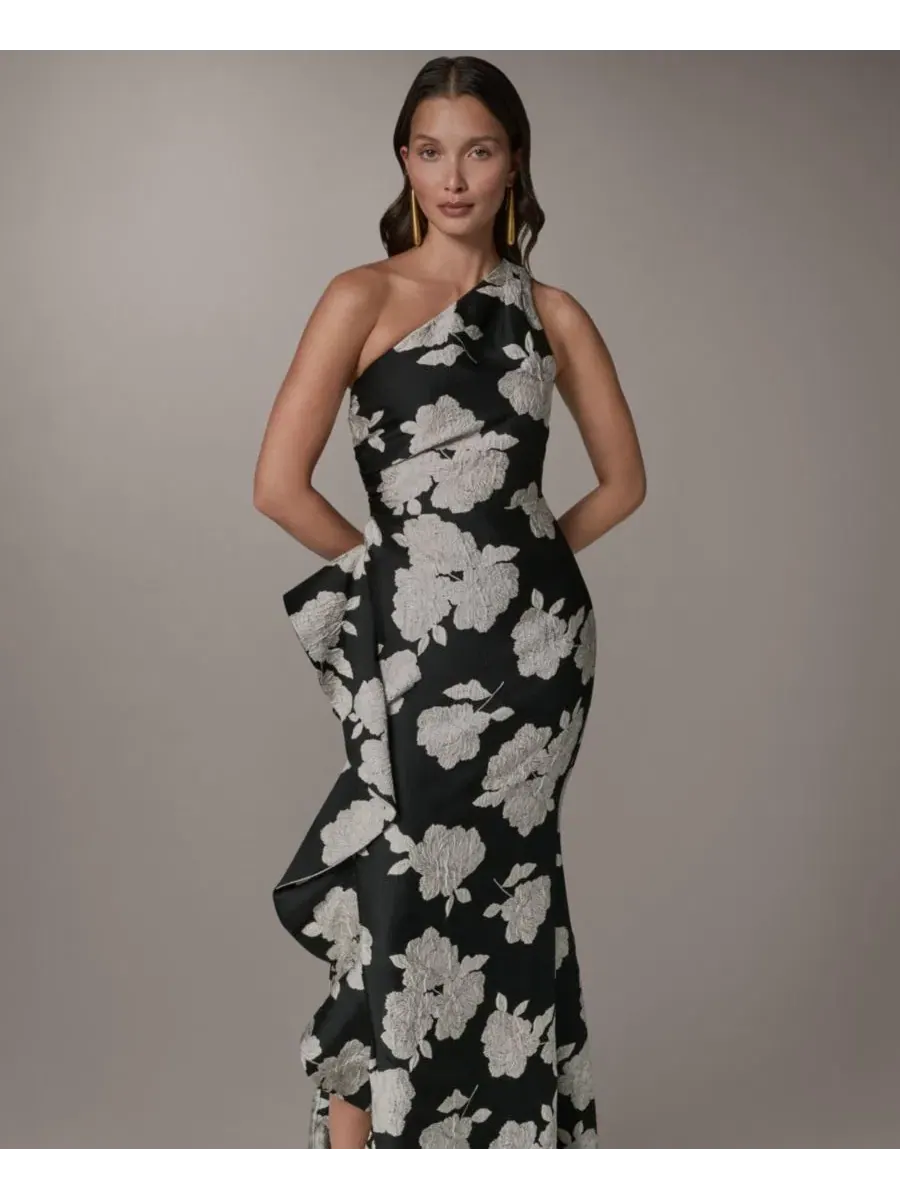Вечернее платье с одним рукавом, с рюшами и разрезом Donna Karan New York — изображение 6 из 6, черный кремовый