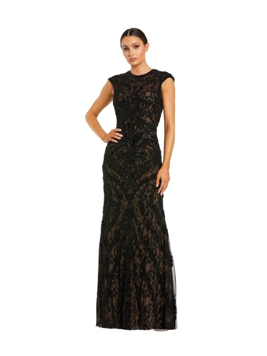 Вечернее платье с бисером и кружевом, модель Petite Beaded Lace Mesh High-Neck Sleeveless Column