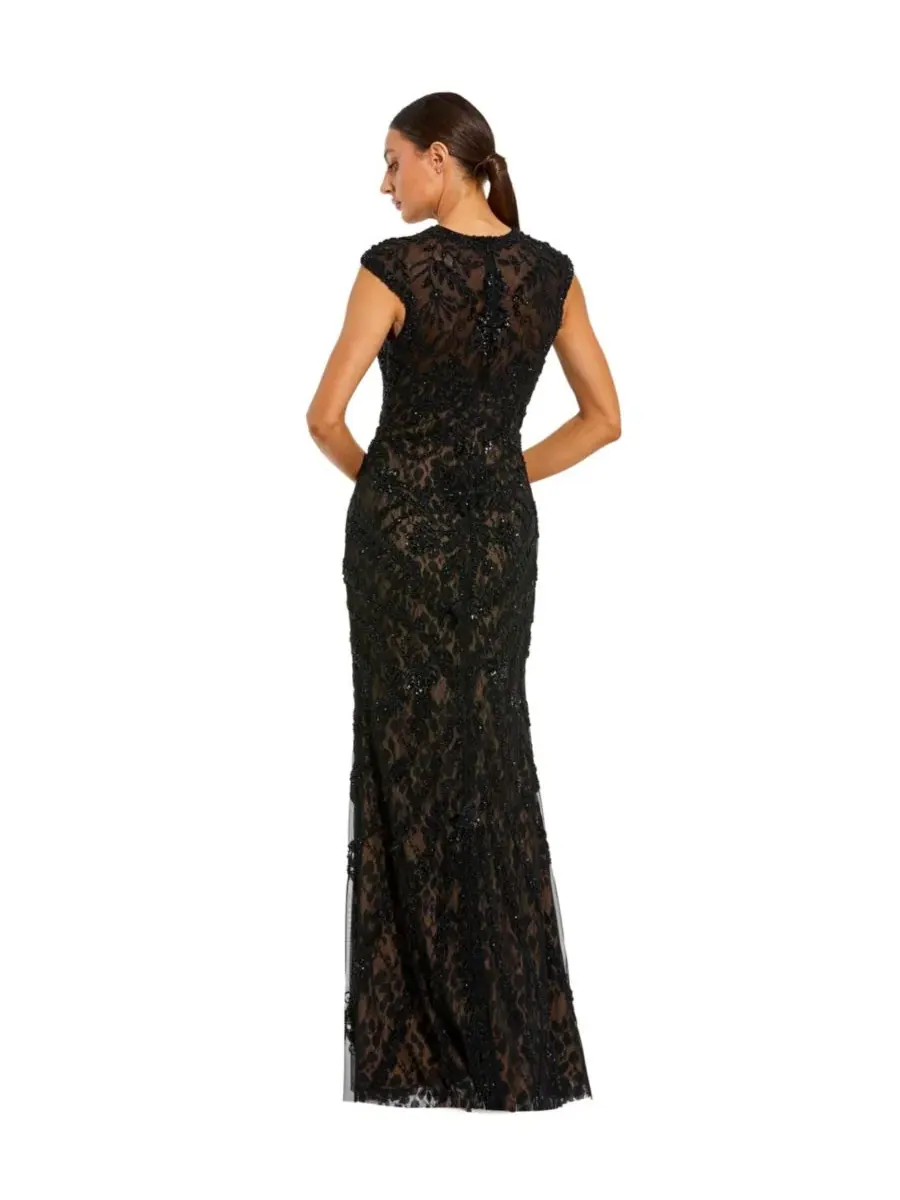 Вечернее платье с бисером и кружевом, модель Petite Beaded Lace Mesh High-Neck Sleeveless Column — изображение 2 из 3, черный