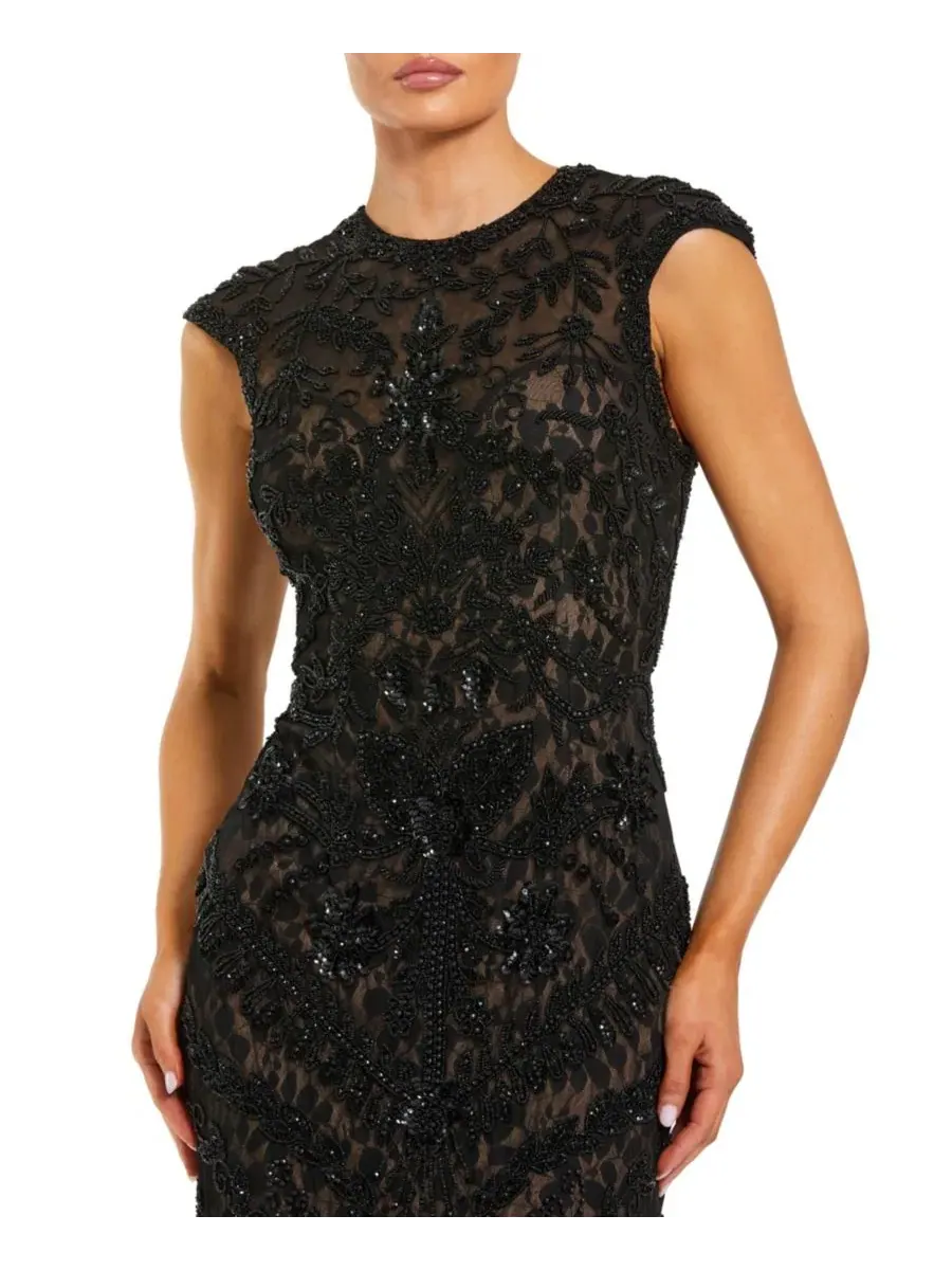 Вечернее платье с бисером и кружевом, модель Petite Beaded Lace Mesh High-Neck Sleeveless Column — изображение 3 из 3, черный