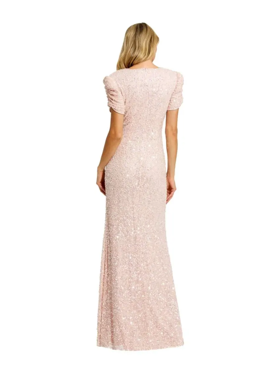 Платье вечернее с бисером Gathered Short Sleeve Beaded Gown Mac Duggal — изображение 2 из 3, пудровый розовый