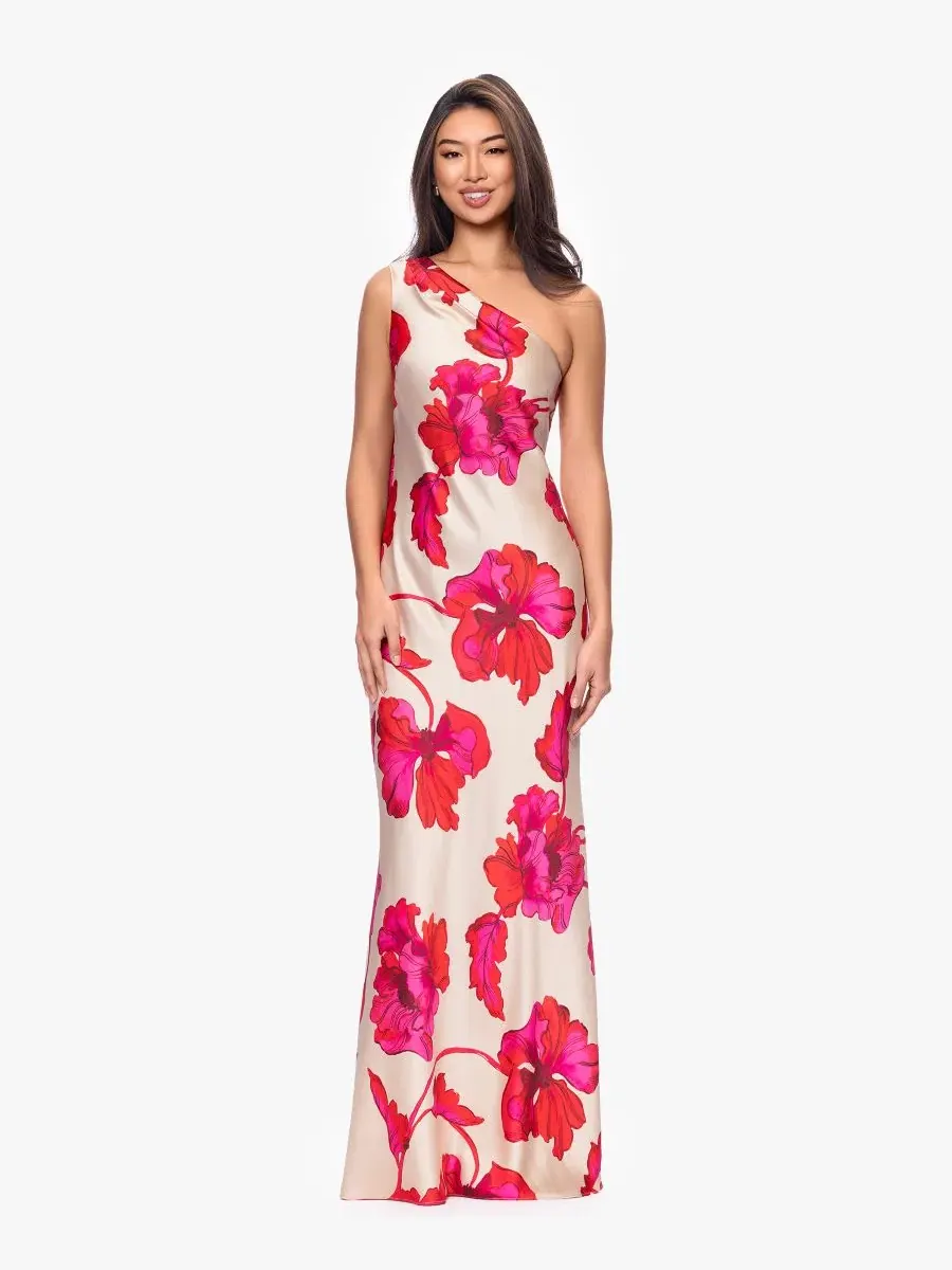 Вечернее платье с одним рукавом и принтом Petite One-Shoulder Printed Gown XSCAPE