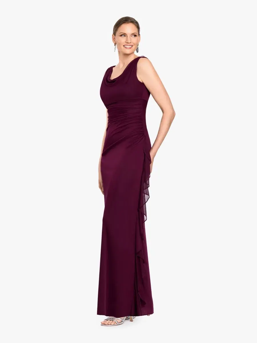 Вечернее платье с воротником-качели без рукавов, модель Ruffle Side Cowl Neck Ball Gown B&A By — изображение 2 из 5, гранат