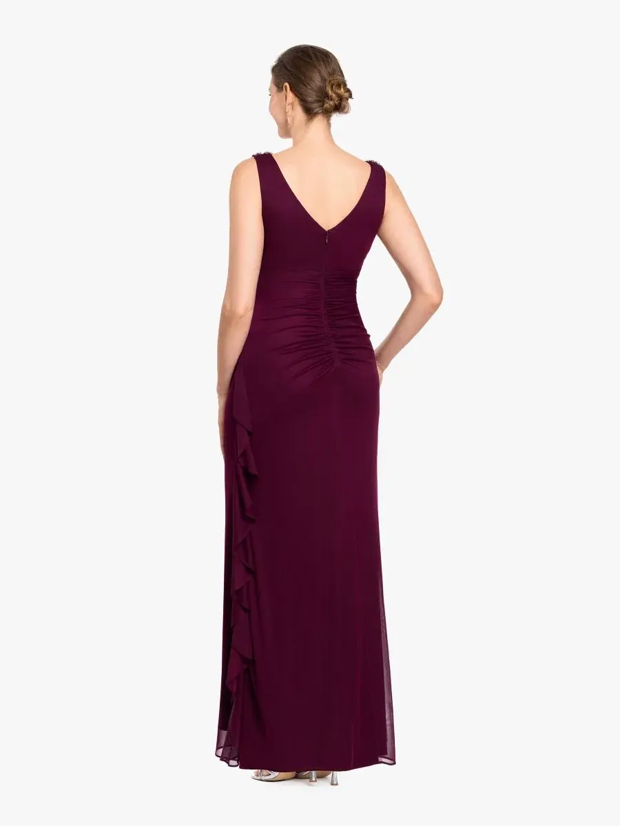 Вечернее платье с воротником-качели без рукавов, модель Ruffle Side Cowl Neck Ball Gown B&A By — изображение 4 из 5, гранат