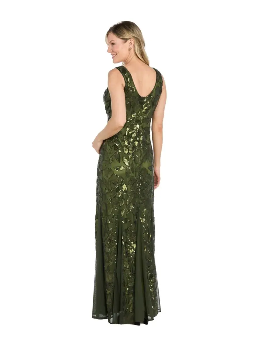 Вечернее платье с пайетками и бисером, модель Petite Floral Sequin Beaded Gown R & M Richards — изображение 3 из 3, оливковый