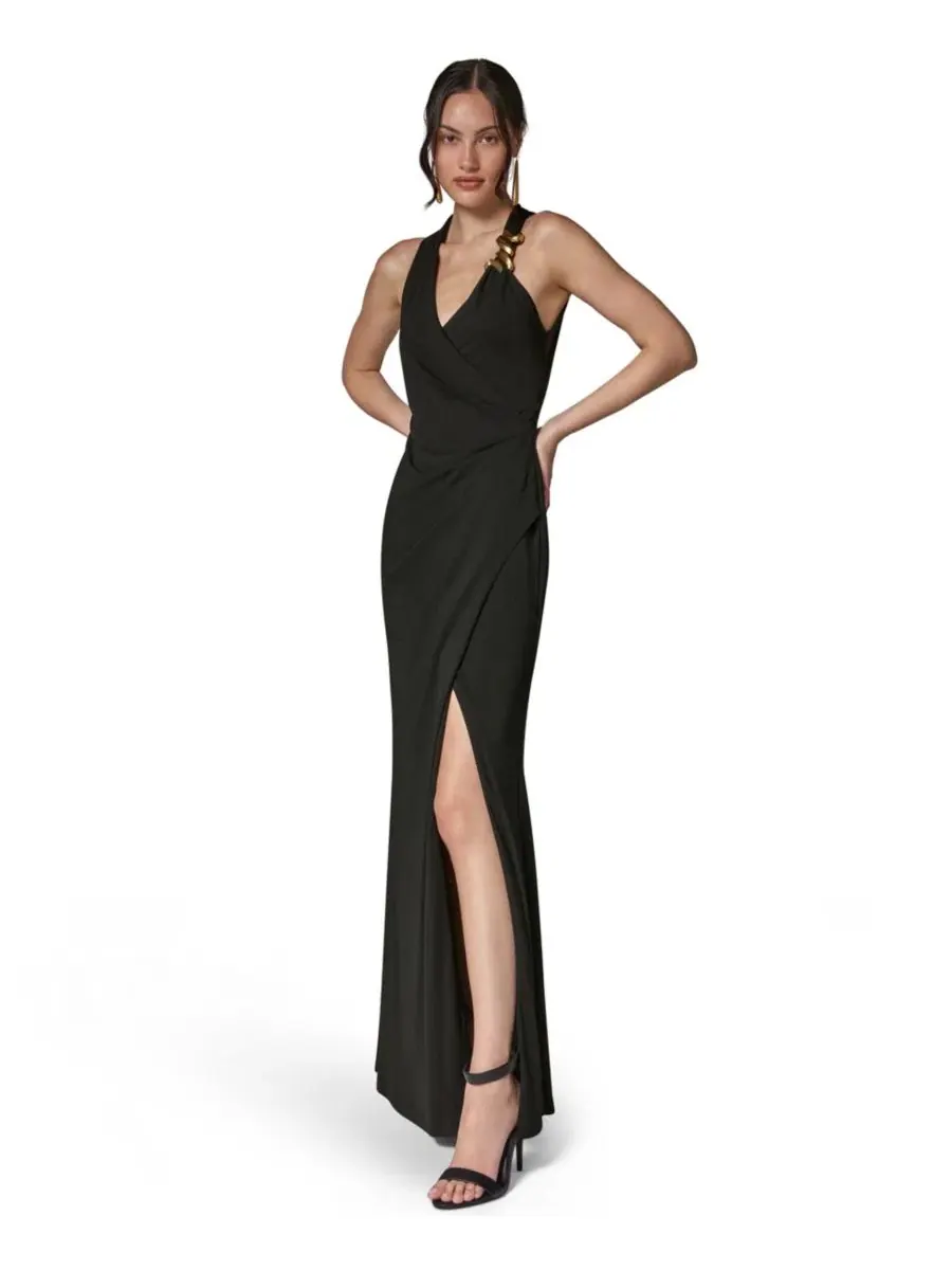 Вечернее платье макси с запахом и разрезом Donna Karan New York — изображение 2 из 7, черный