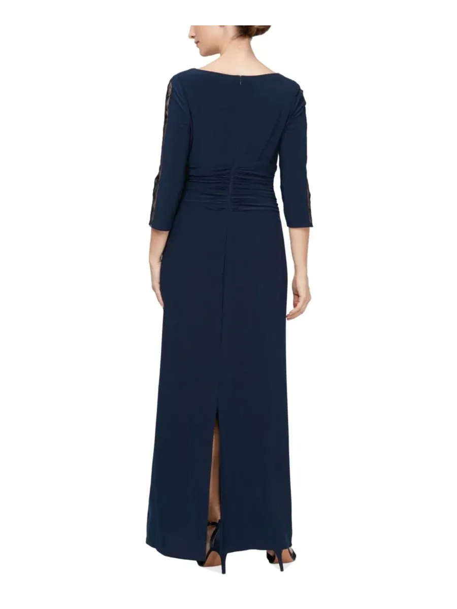 Платье вечернее с вышивкой Petite Embroidered Ruched Gown SL Fashions — изображение 2 из 2, темно-синий