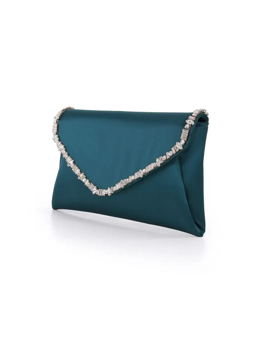 Вечерний клатч из атласа с кристаллами Mika Mix Crystal Neckline Jewel Badgley Mischka — изображение 2 из 4, бирюзовый