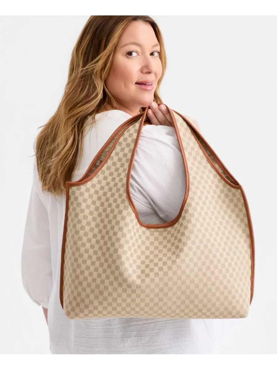 Сумка-шопер из мягкого трикотажа в клетку Extra-Large Style & Co — изображение 2 из 7, бежевый