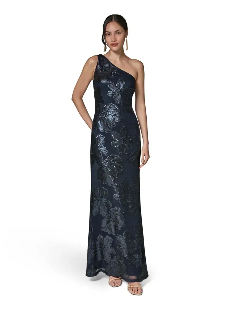 Платье вечернее с пайетками и цветочным принтом, One-Shoulder Donna Karan New York