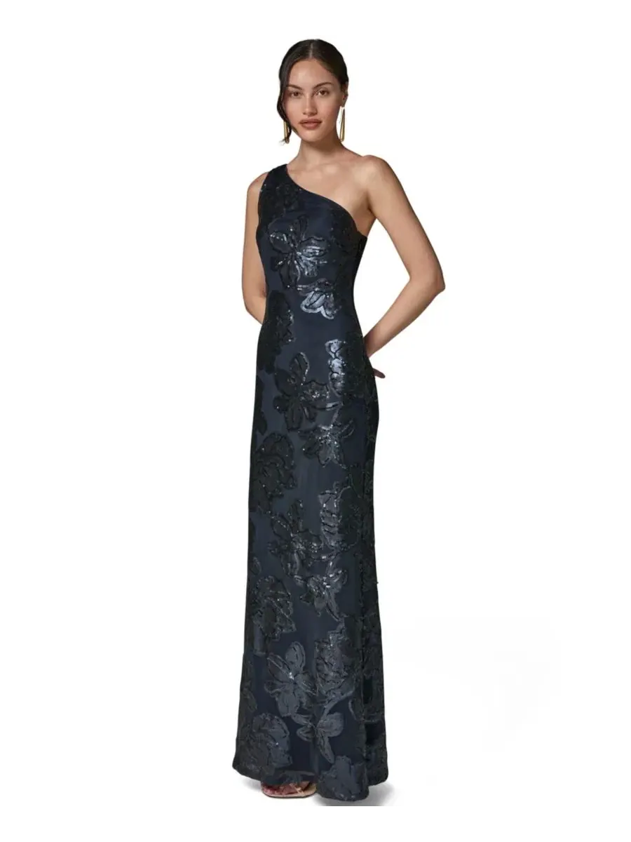 Платье вечернее с пайетками и цветочным принтом, One-Shoulder Donna Karan New York — изображение 2 из 6, черный