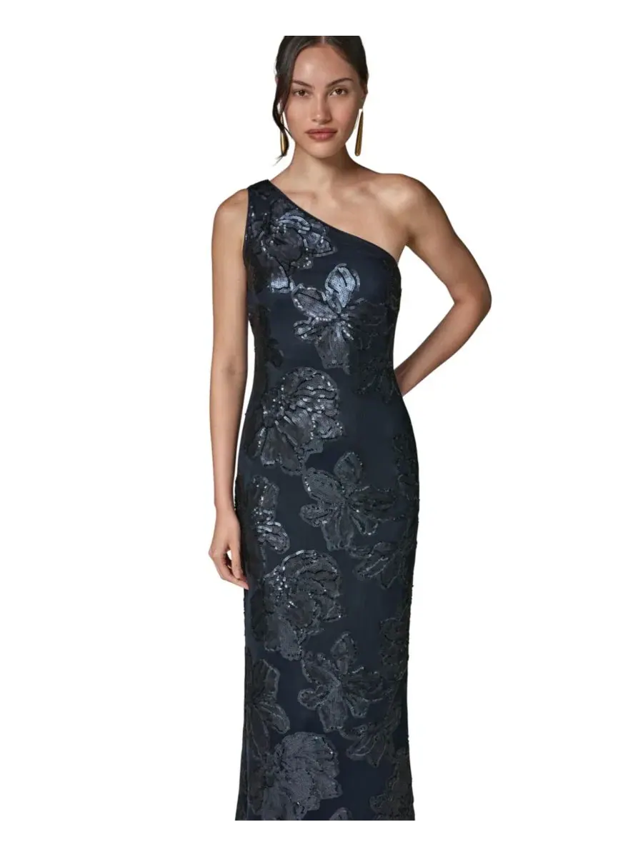 Платье вечернее с пайетками и цветочным принтом, One-Shoulder Donna Karan New York — изображение 3 из 6, черный