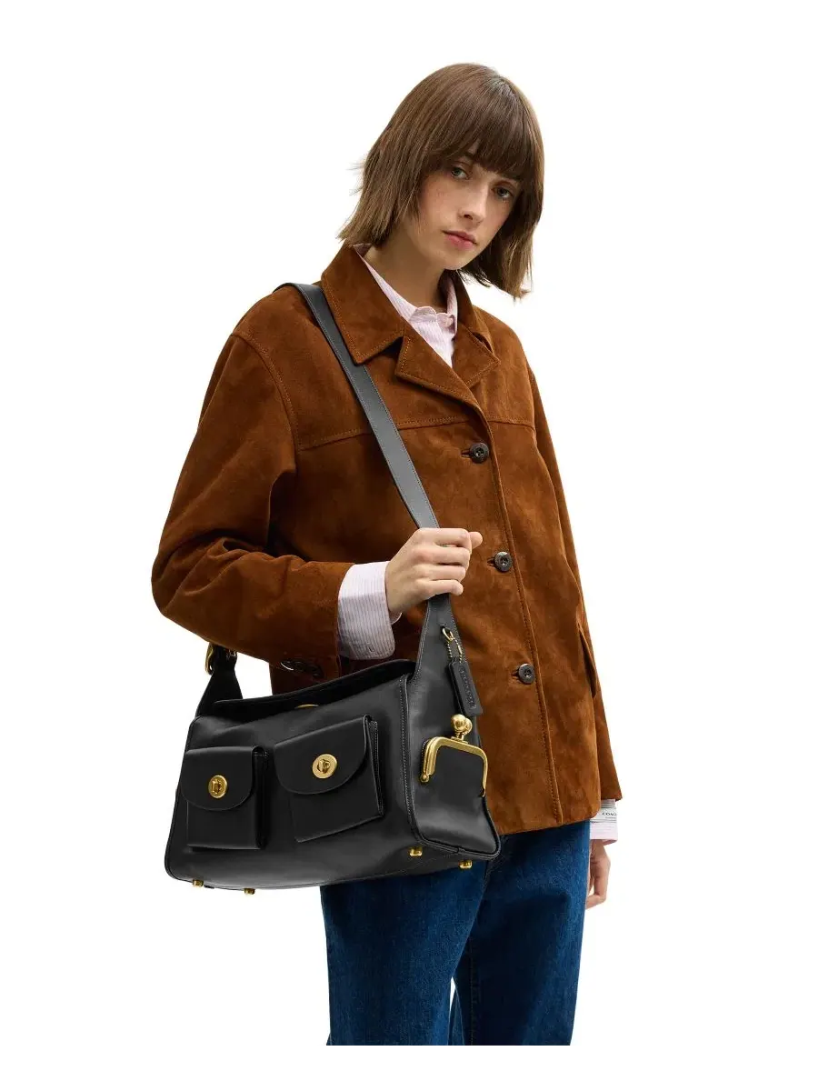 Большая кожаная сумка через плечо с поворотным замком Haversack Coach — изображение 2 из 9, черный