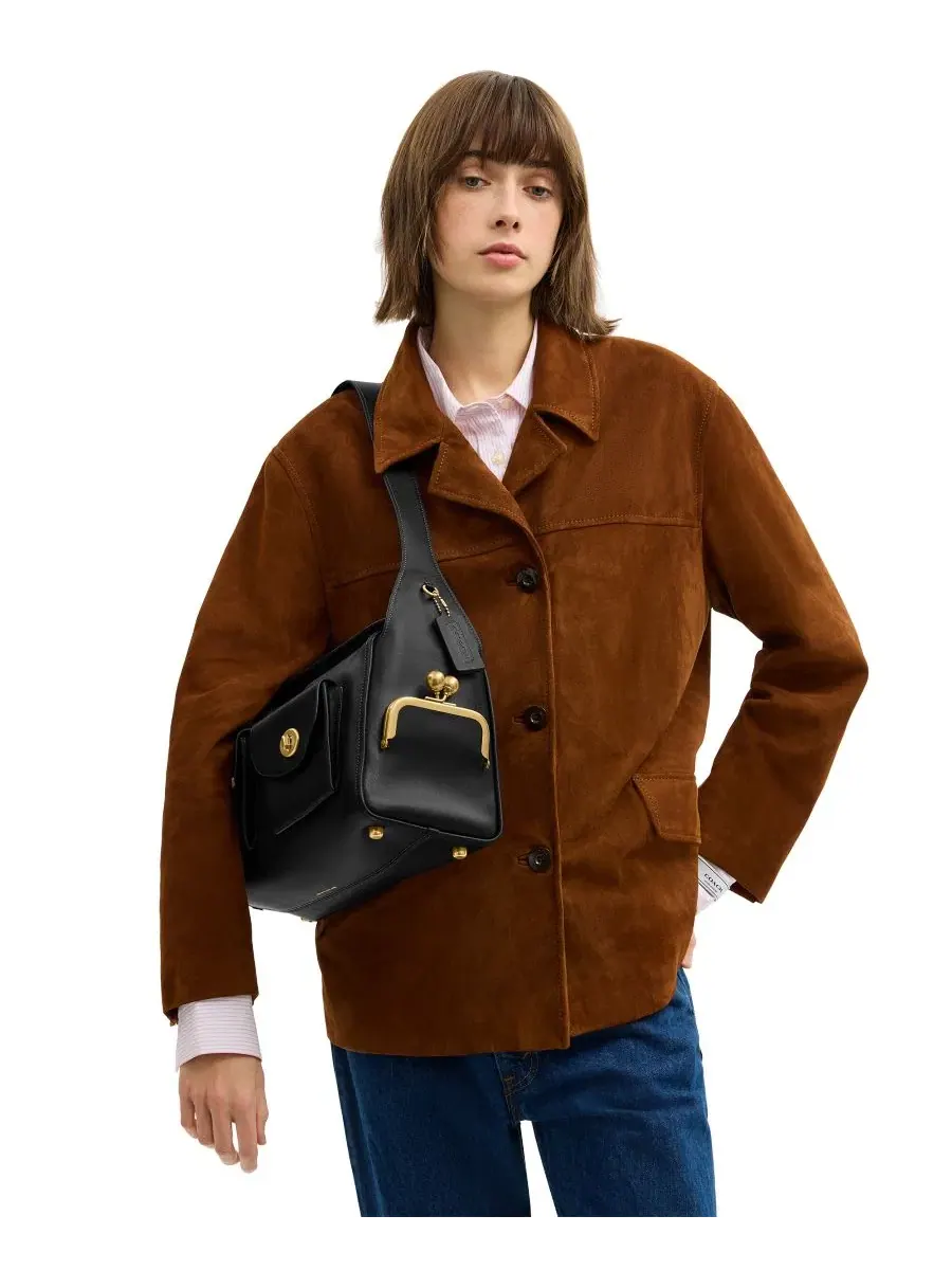 Большая кожаная сумка через плечо с поворотным замком Haversack Coach — изображение 3 из 9, черный