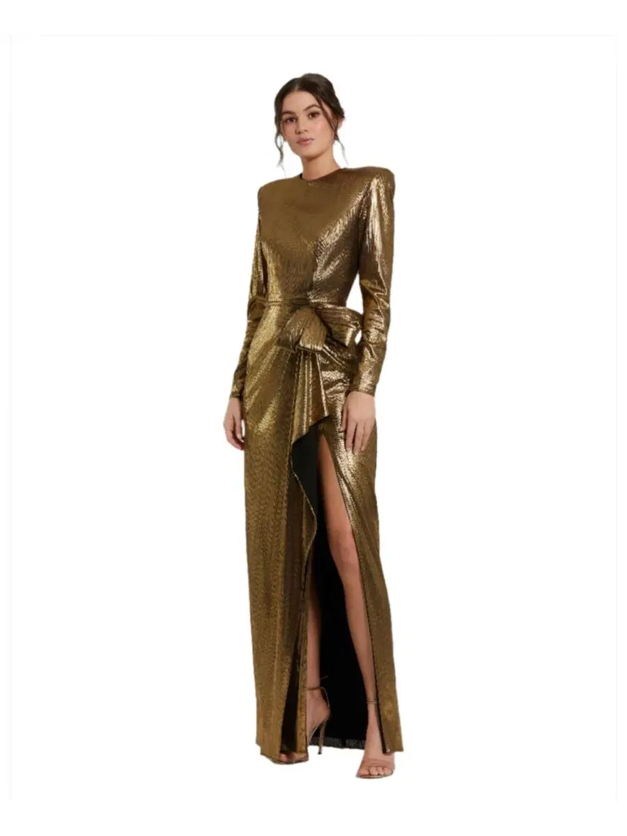 Вечернее платье с длинным рукавом, с разрезом и бантом, Petite Metallic Long Sleeve Gown With Bow
