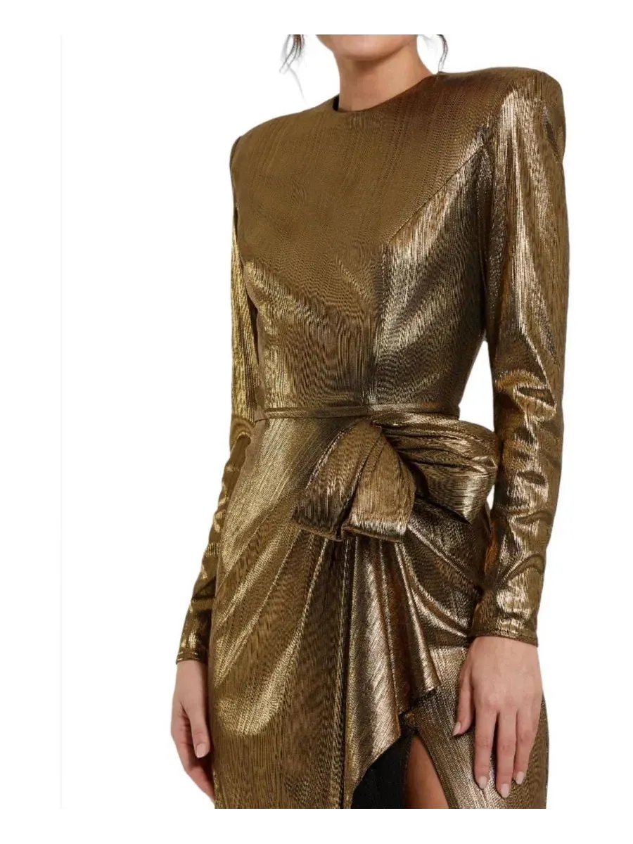 Вечернее платье с длинным рукавом, с разрезом и бантом, Petite Metallic Long Sleeve Gown With Bow — изображение 3 из 3