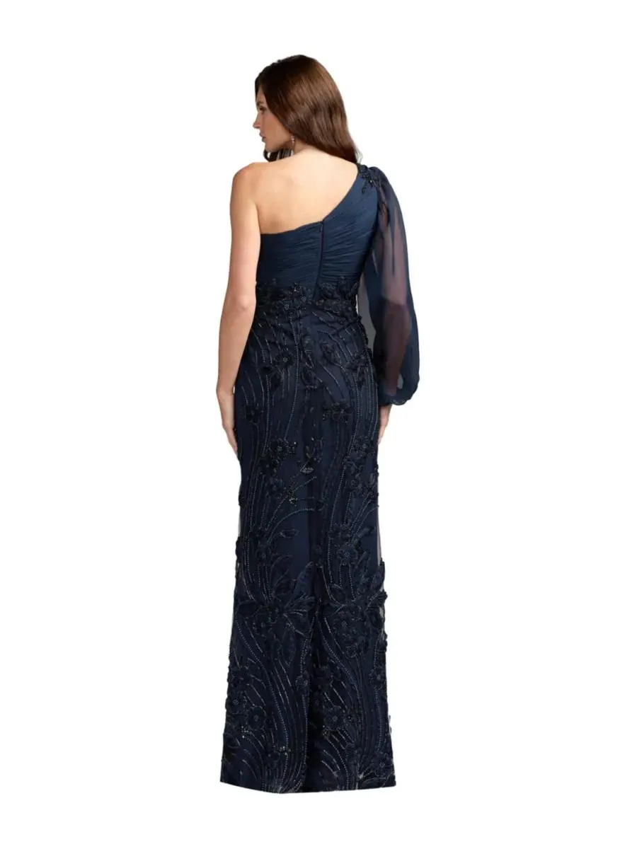 Вечернее платье с одним плечом и цветочной вышивкой Petite One Shoulder Chiffon Gown with — изображение 2 из 3, темно-синий