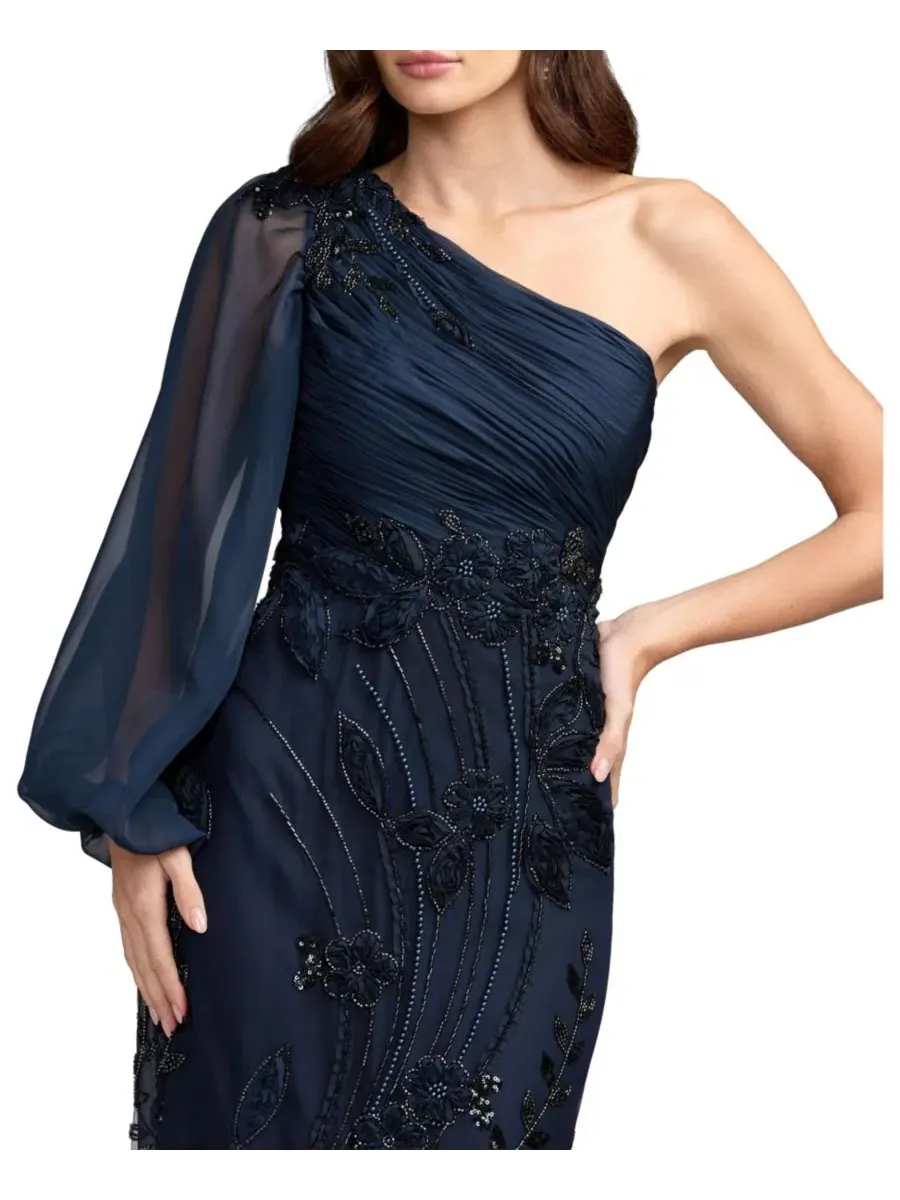 Вечернее платье с одним плечом и цветочной вышивкой Petite One Shoulder Chiffon Gown with — изображение 3 из 3, темно-синий