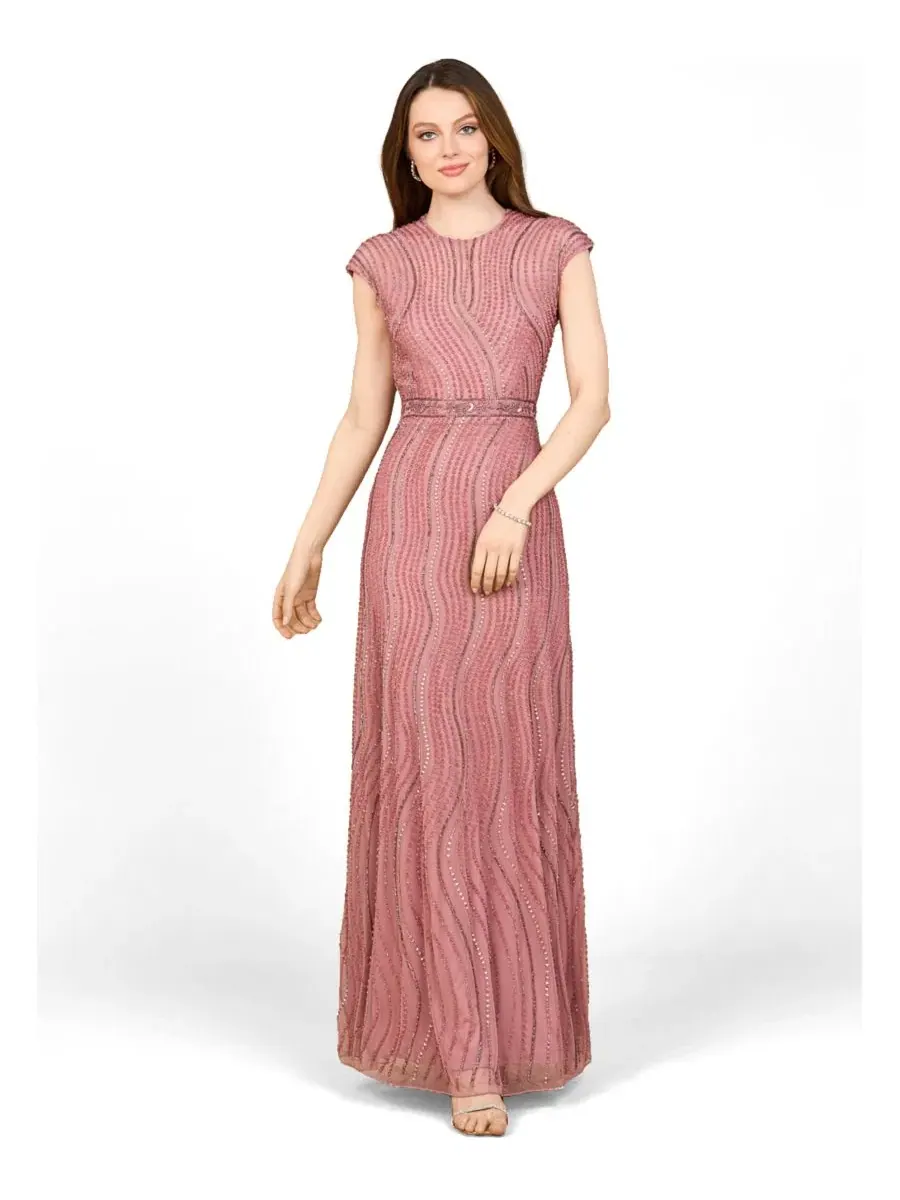 Вечернее платье без рукавов с пайетками, модель Illusion Neck Beaded Gown Lara