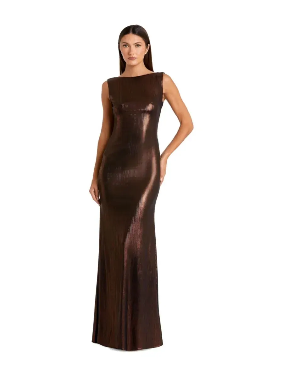 Платье вечернее металлик с открытой спиной, модель Petite Metallic Column Evening Gown Mac Duggal