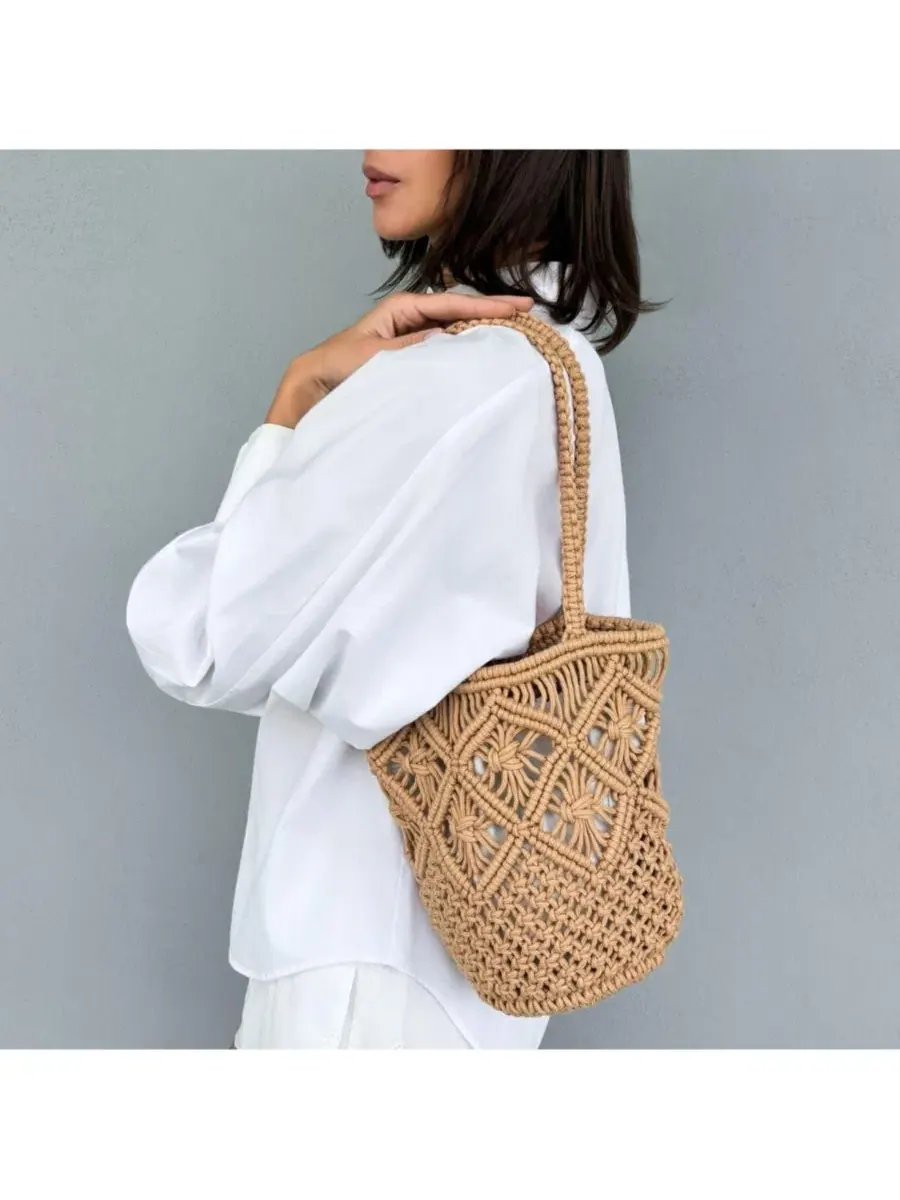 Сумка-шопер с крючком из рафии Natural Raffia Crochet Adornia Fine — изображение 3 из 3, коричневый