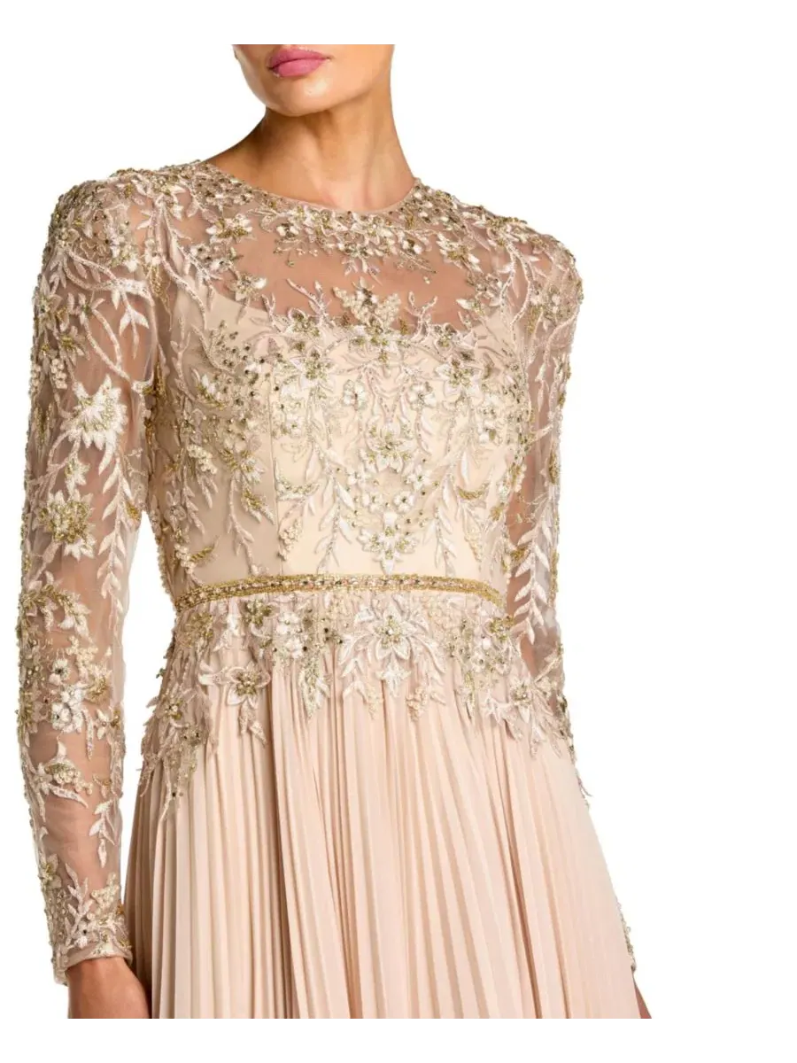 Вечернее платье с длинным рукавом, с вышивкой и бисером, Petite Long Sleeve Chiffon Embellished — изображение 3 из 3, тауп