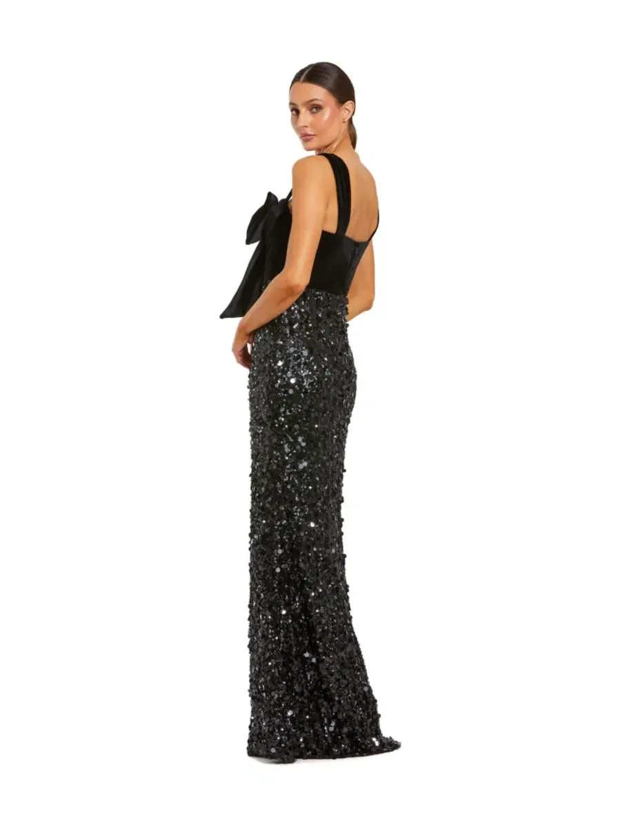 Вечернее платье-колонна с принтом, модель Sequin Column Gown with Velvet Bow Detail Mac Duggal — изображение 2 из 3, черный