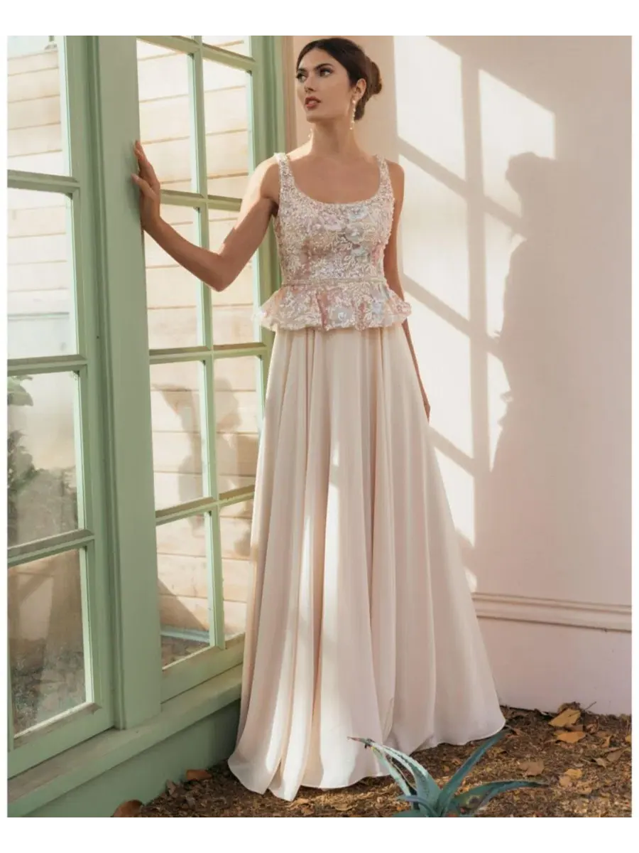 Вечернее платье с расшитым лифом и юбкой из шифона, модель Petite Embroidered Peplum Top With — изображение 5 из 6, шампань
