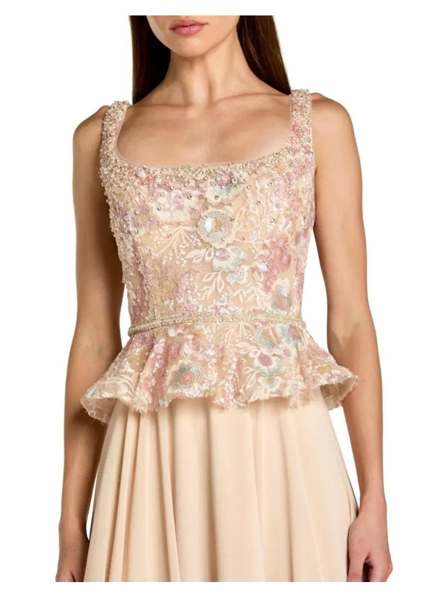 Вечернее платье с расшитым лифом и юбкой из шифона, модель Petite Embroidered Peplum Top With — изображение 6 из 6, шампань