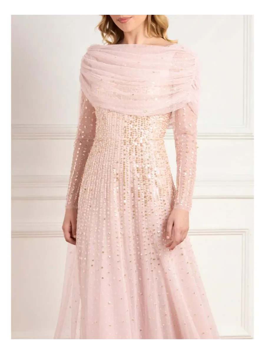 Платье с пайетками с длинным рукавом Moonlight Sequin Draped Long Sleeve Gown Needle & Thread — изображение 2 из 4