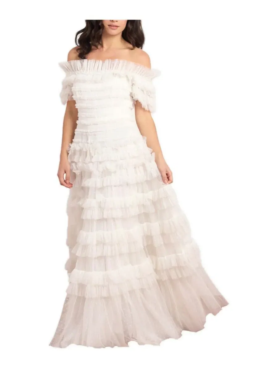 Вечернее платье с рюшами из тюля Lisette Ruffle Off Shoulder Gown Needle & Thread