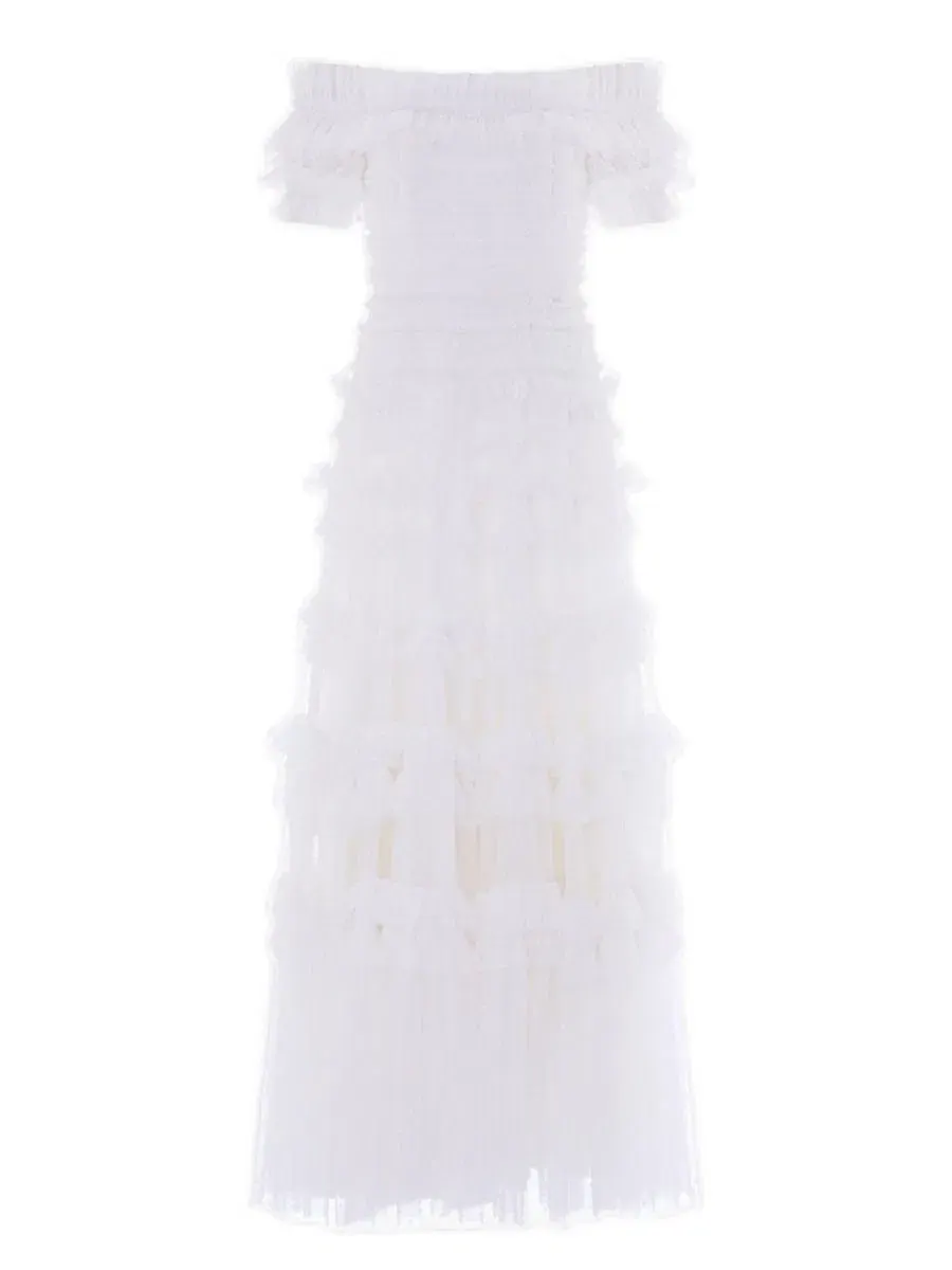 Вечернее платье с рюшами из тюля Lisette Ruffle Off Shoulder Gown Needle & Thread — изображение 3 из 5, белый