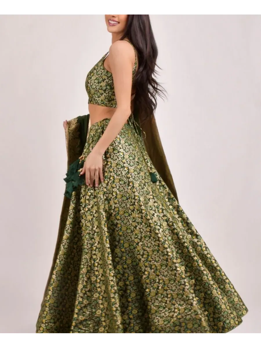 RAAS Женский насыщенный зеленый чоли Banarasi Lehenga — изображение 2 из 4