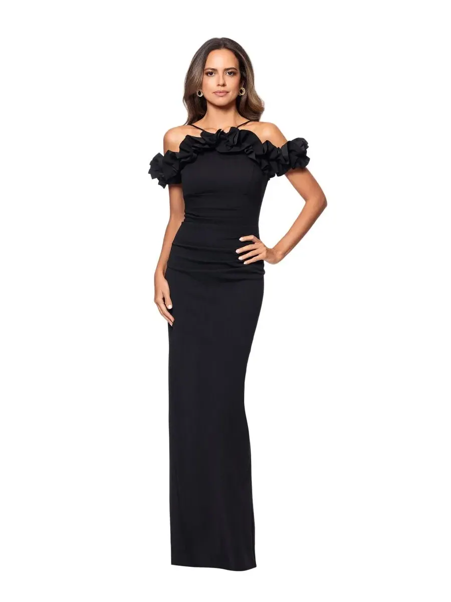 Вечернее платье с воланами и открытыми плечами, с разрезом, Petite Halter-Strap Ruffled Gown XSCAPE