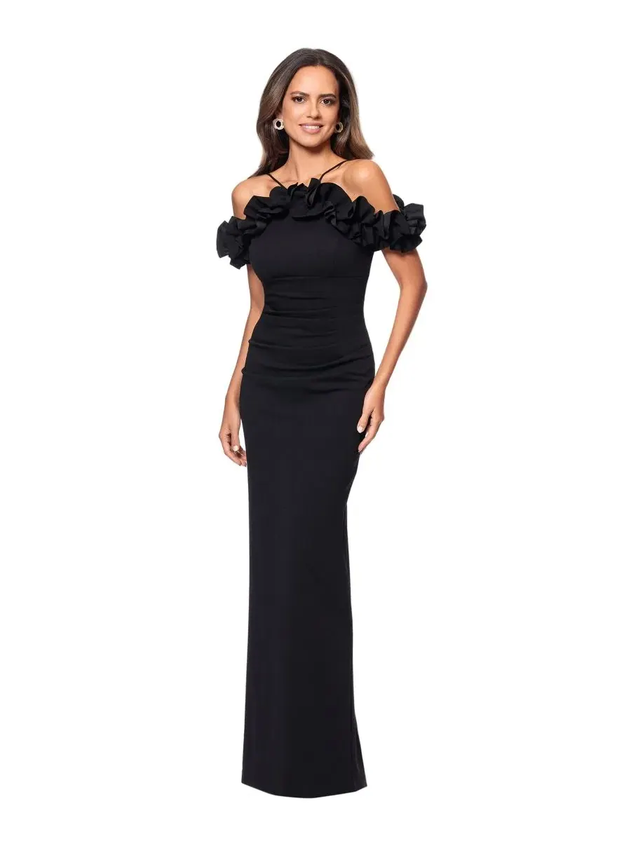 Вечернее платье с воланами и открытыми плечами, с разрезом, Petite Halter-Strap Ruffled Gown XSCAPE — изображение 2 из 4