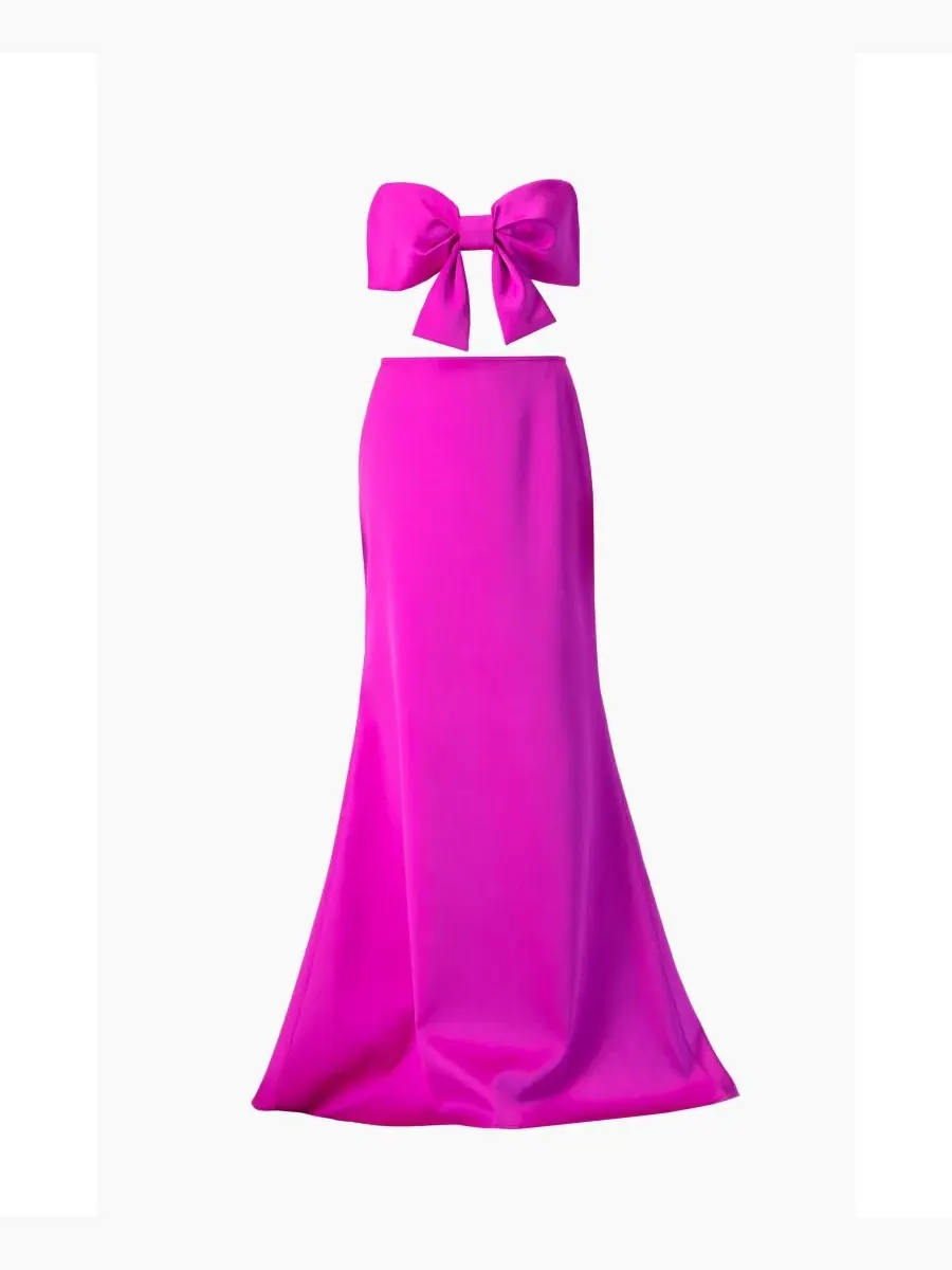 Вечернее платье без бретелек с бантом и вырезом, модель Bow-Front Crop-Top Gown Ivonne — изображение 5 из 6, маджента